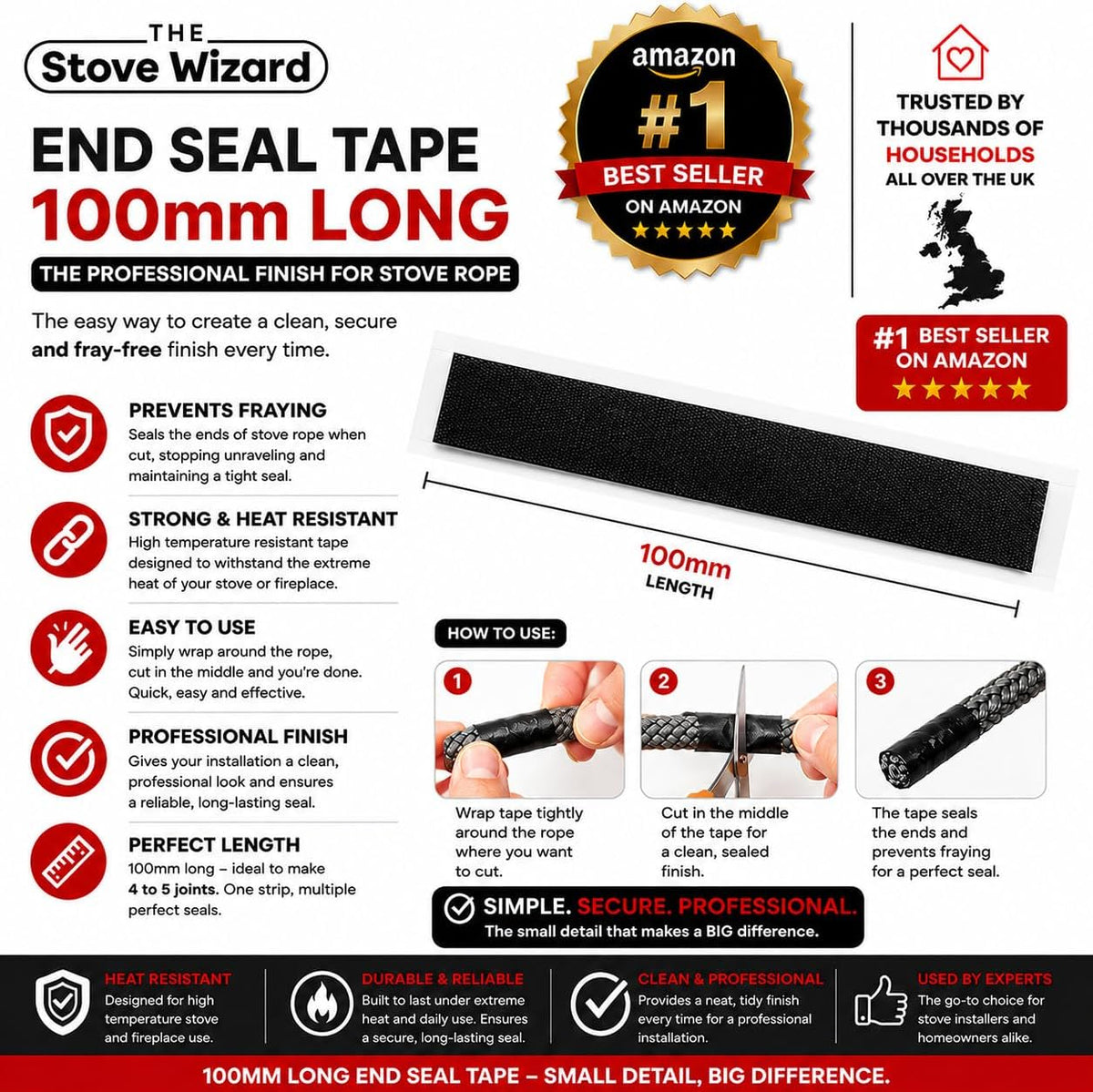 Stove Rope Kit 10mm x 2.5m Black 50ml Glue 100mm Tape