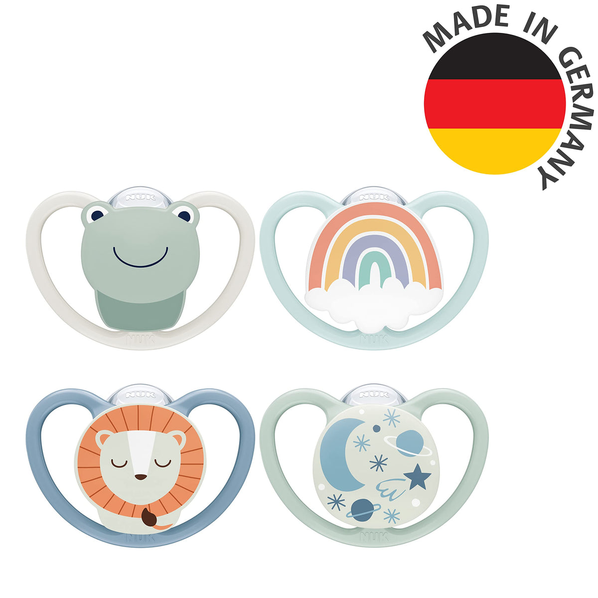 NUK Space Day & Night Baby Dummy | 6-18 Months | Glow-in-the-Dark Soothers with Extra Ventilation for Sensitive Skin | BPA-Free Silicone | Zebra & Lion | 4 Count