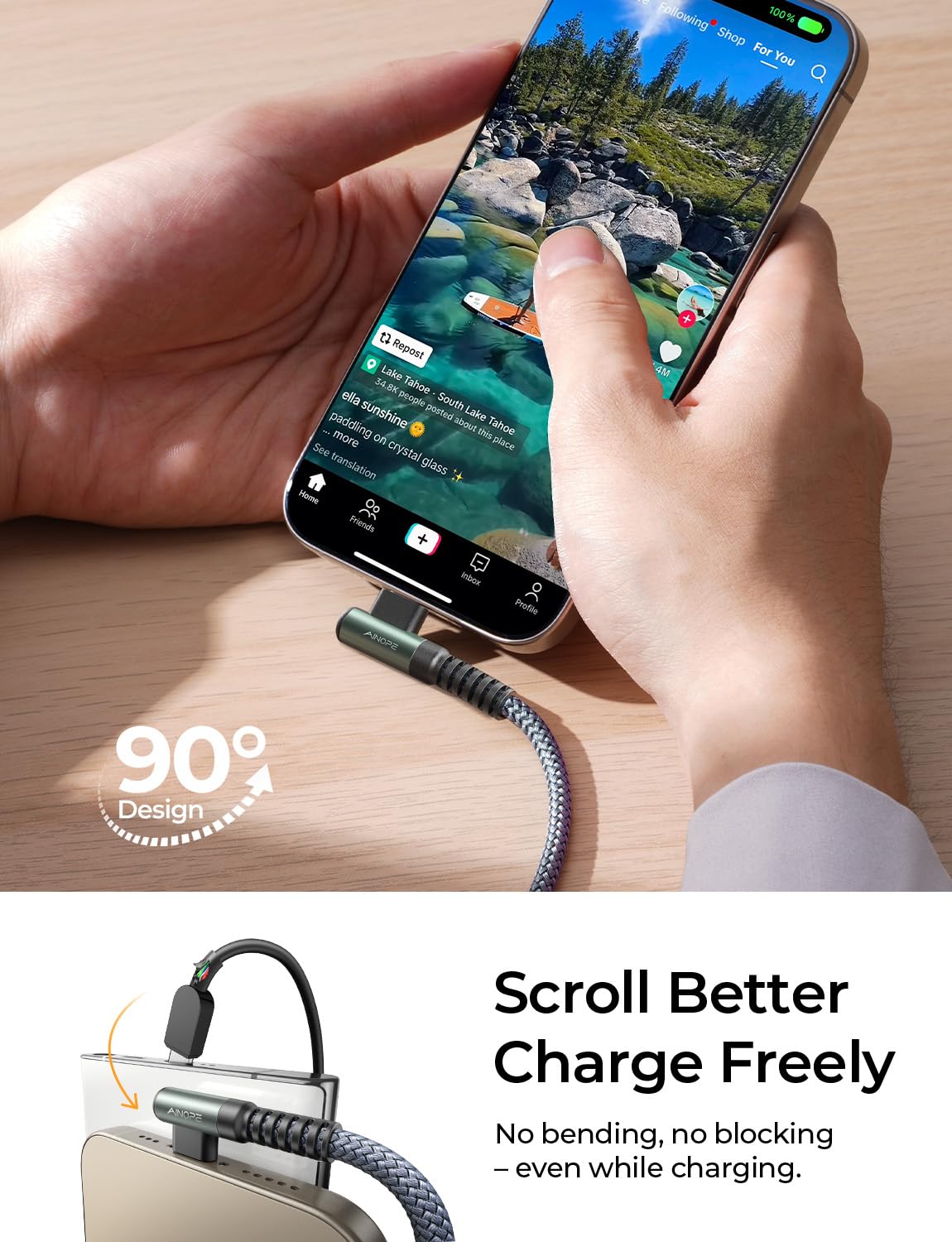AINOPE 2-Pack 0.5ft USB C Cable, 3.1A Fast Charging, Right Angle, Durable Nylon Braided, Compatible with Galaxy S22 S21 Plus S20, Note 10 9 LG, Type C Charger