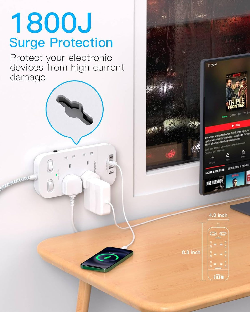 Extension Lead 5M, 4 Way Surge Protected Power Strip with USB C Slots