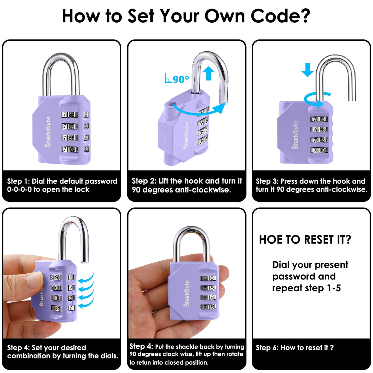 SharkByte Heavy Duty Combination Padlock – 4-Digit Weatherproof Outdoor Lock with Stainless Steel Shackle, Anti-Rust Resettable Code for Gym, School, Locker, Shed, Toolbox, Gate & Warehouse - Purple