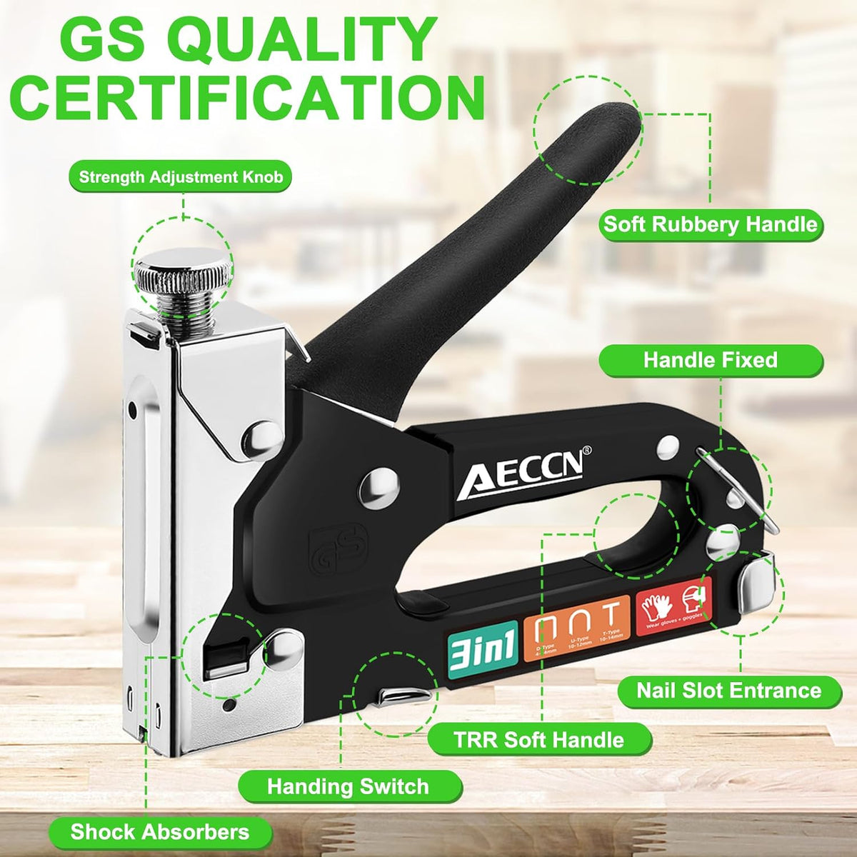 AECCN 3-in-1 Heavy Duty Staple Gun for Wood & Furniture, and DIY, Silver