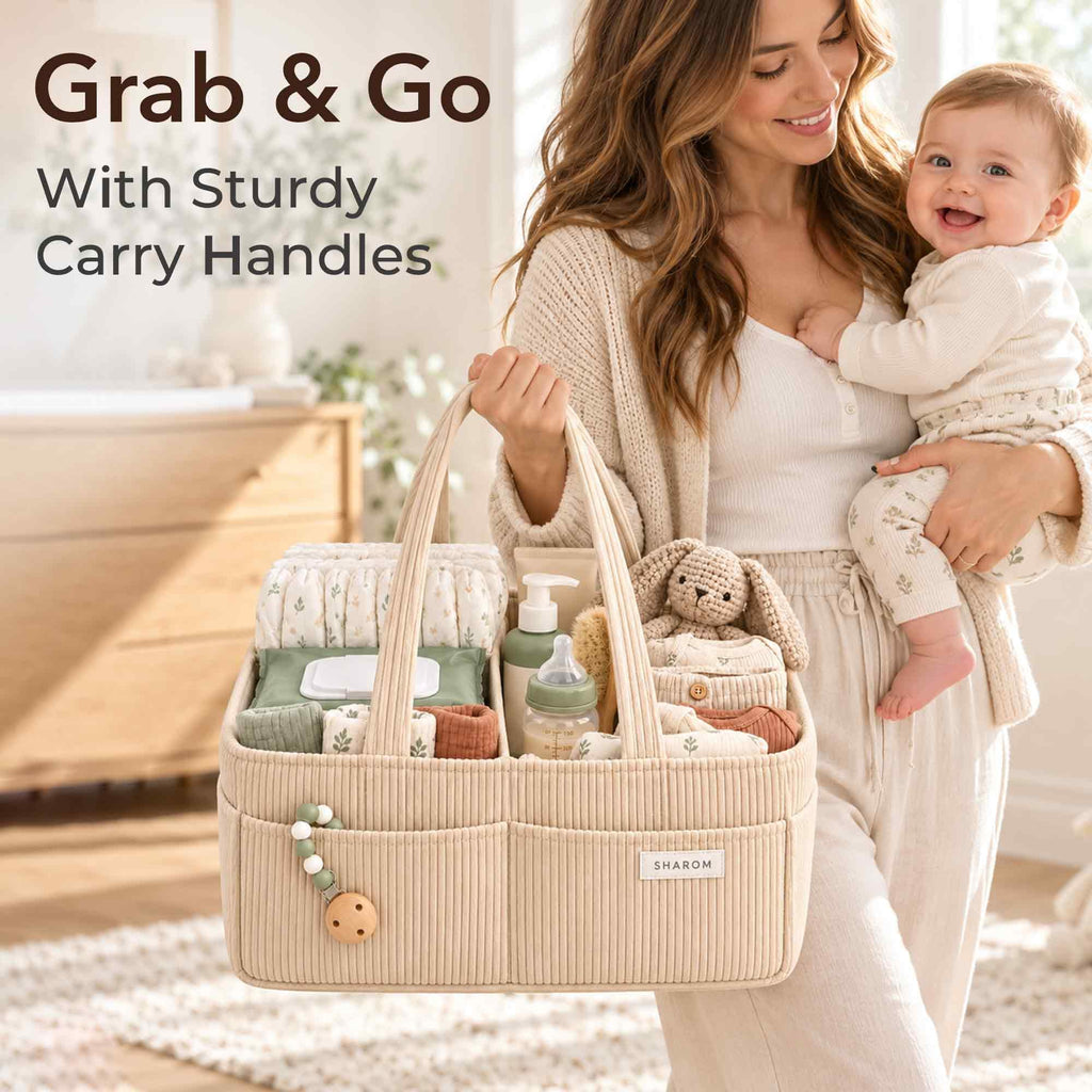Essential Baby Caddy for Newborns. Spacious, Sturdy & Portable Diaper and Nappy Caddy for Newborn Essentials, Nursery Storage Basket & Organiser for Baby Shower Gifts & Registry Must-Haves Grey