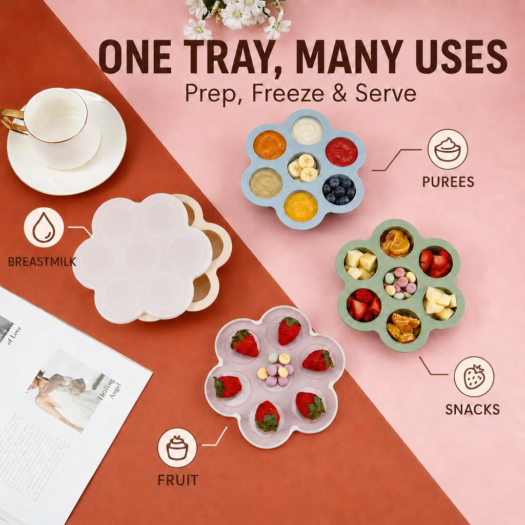 PandaEar 3 Pack Silicone Baby Food Freezer Tray with Lids, Ice Cube Trays for Freezer, Weaning Freezer Tray for Baby Food, Silicone Ice Trays Baby Food Storage Container Tray (Pink/Green/Linen)