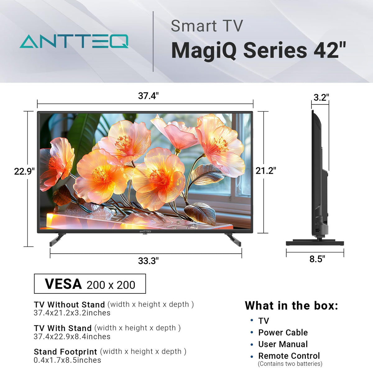 Antteq 32 Inch TV, Central Stand Design TV 720P Freeview HD Dolby Audio DVB T2/S2 LED Television, HDMI USB Media Player Monitor PS5 Xbox, Standard Nonsmart TV Small Screen for Bedroom Kitchen Black
