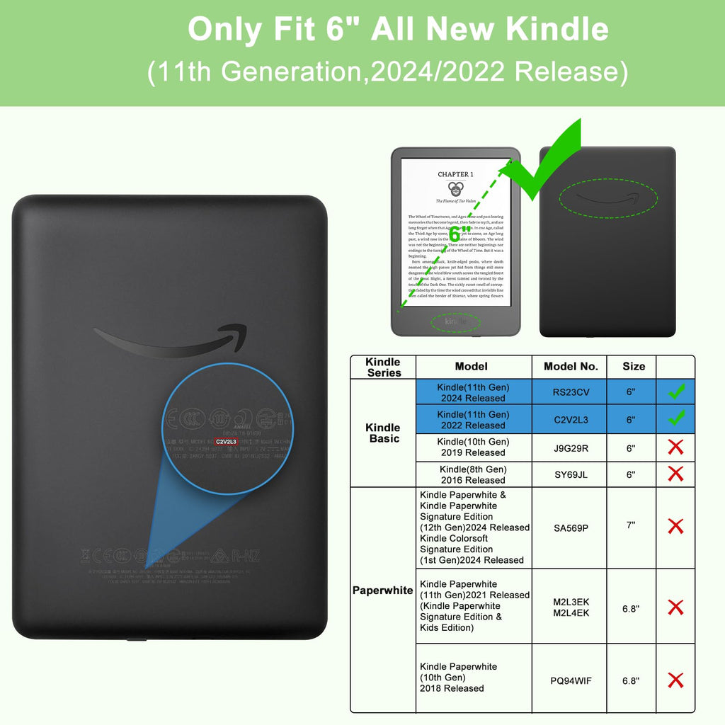 TQQ Case Fits 6" Amazon Kindle 11th Generation 2024 and 2022, Premium Slim and Lightweight Cover, Full Protection, Auto Sleep/Wake, Magnetic Closure (NOT fit Paperwhite or Oasis)