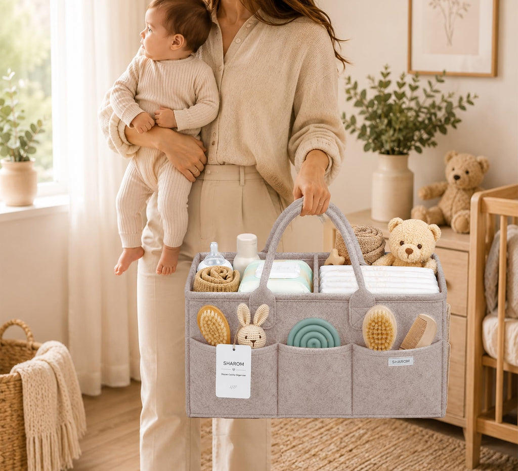 Essential Baby Caddy for Newborns. Spacious, Sturdy & Portable Diaper and Nappy Caddy for Newborn Essentials, Nursery Storage Basket & Organiser for Baby Shower Gifts & Registry Must-Haves Grey