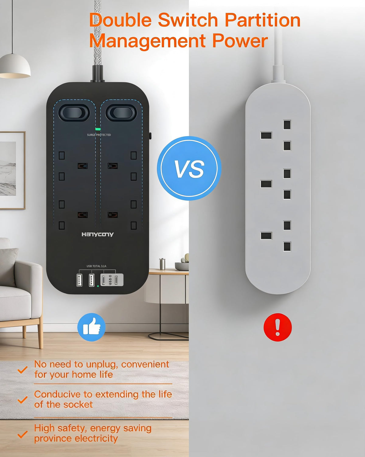 Extension Lead 5M, 4 Way Surge Protected Power Strip with USB C Slots