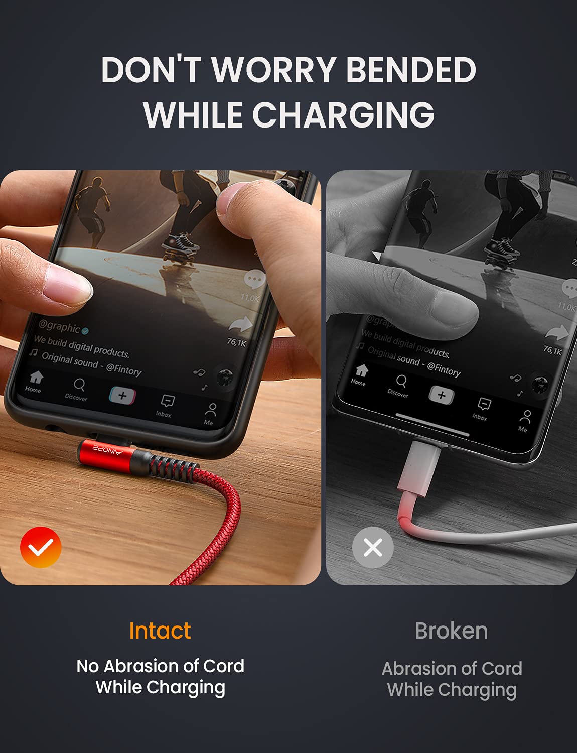 AINOPE 2-Pack 0.5ft USB C Cable, 3.1A Fast Charging, Right Angle, Durable Nylon Braided, Compatible with Galaxy S22 S21 Plus S20, Note 10 9 LG, Type C Charger