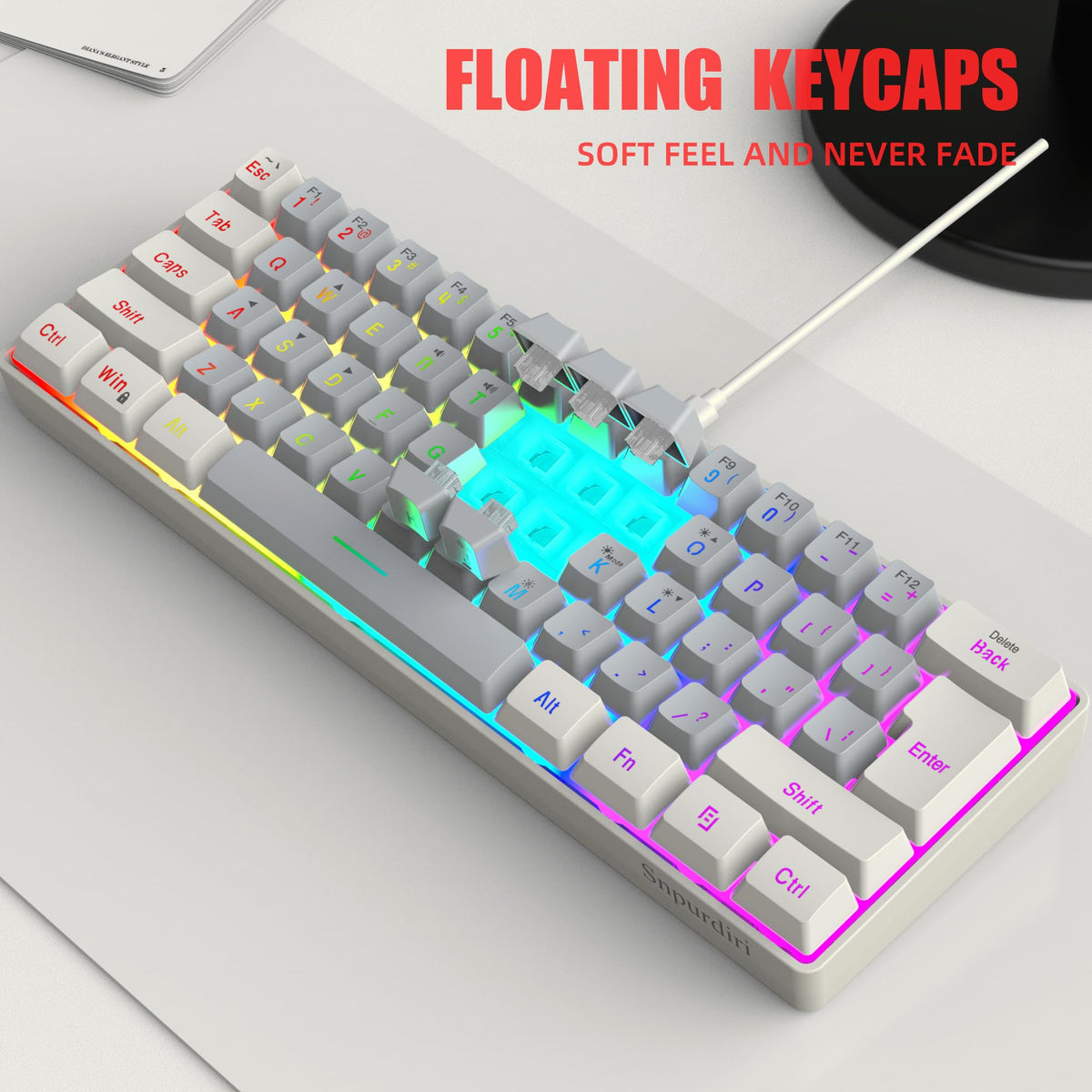 Snpurdiri 2.4G 60% Wireless Gaming Keyboard and Mouse Combo (White-Grey)