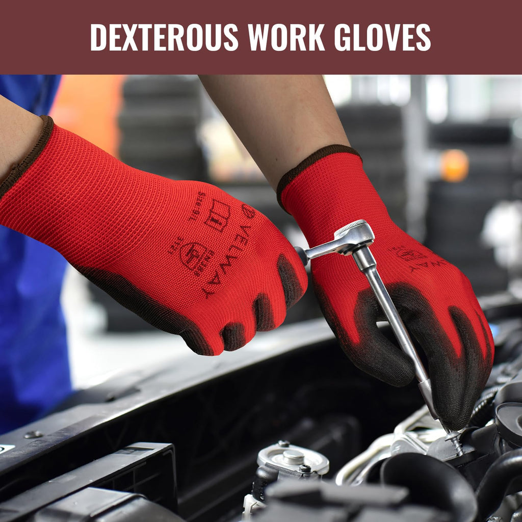 Velway 12 Pairs Work Gloves PU Coated for Men Women, Red, Size 9/L