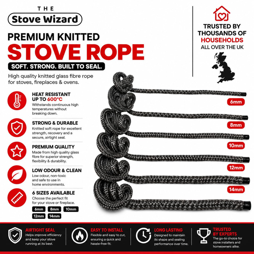 Stove Rope Kit 10mm x 2.5m Black 50ml Glue 100mm Tape