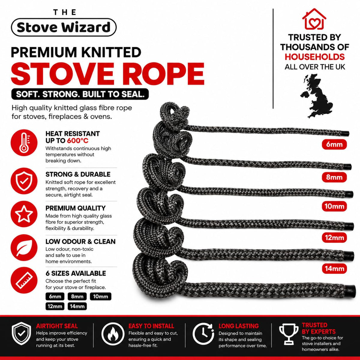 Stove Rope Kit 10mm x 2.5m Black 50ml Glue 100mm Tape