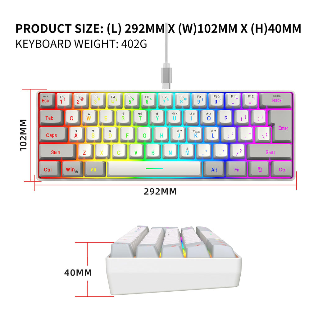 Snpurdiri 2.4G 60% Wireless Gaming Keyboard and Mouse Combo (White-Grey)
