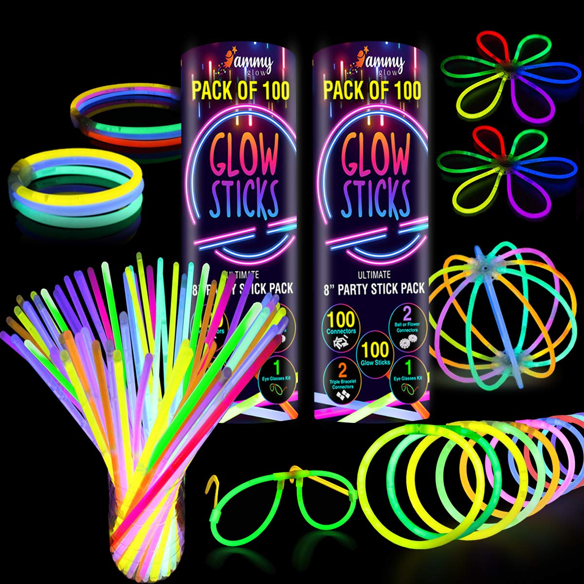 Ammy Glow Glow Sticks (205 Pcs Kit) Bulk Party Pack-100 Pack Glow Sticks with Connectors & Glasses- Party Favors for Kids 8-12- Neon Glow in The Dark Party Supplies for Birthdays & Events