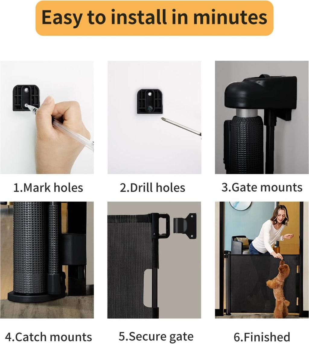 Retractable Mesh Baby & Dog Gate for Stairs, 86cm Tall x 140cm Wide, Black