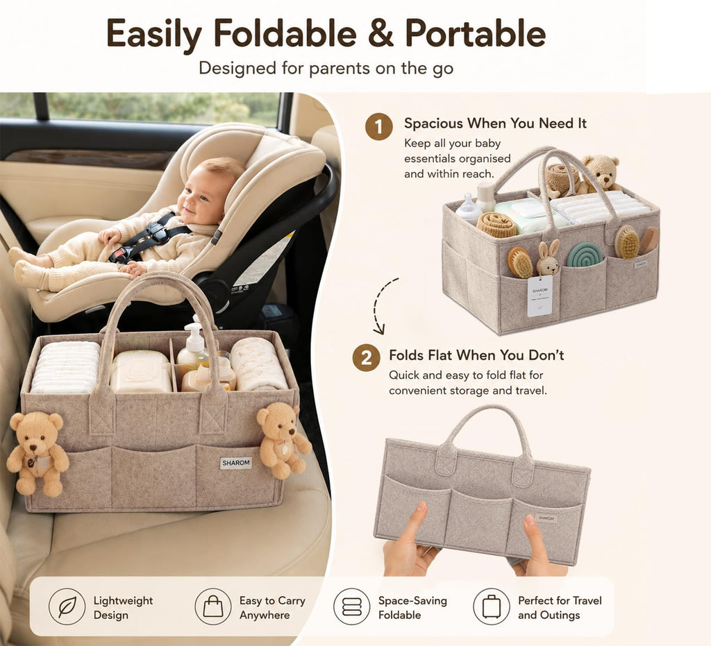 Essential Baby Caddy for Newborns. Spacious, Sturdy & Portable Diaper and Nappy Caddy for Newborn Essentials, Nursery Storage Basket & Organiser for Baby Shower Gifts & Registry Must-Haves Grey