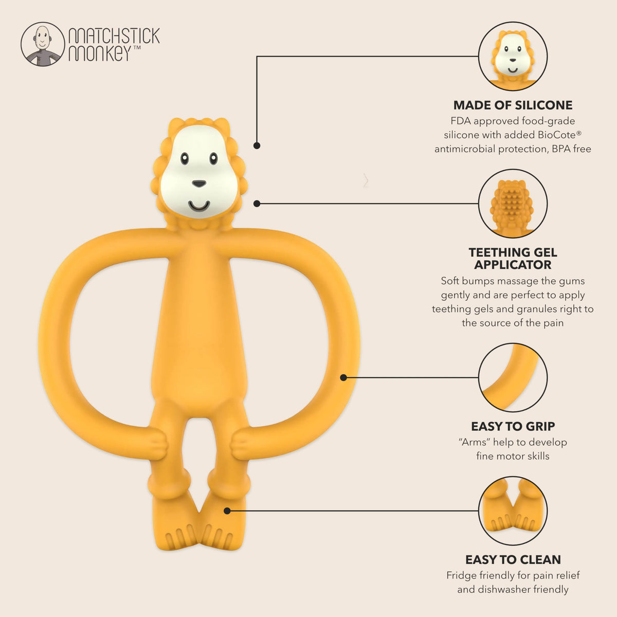Matchstick Monkey, Antimicrobial Silicone Teether & Gel Applicator, Easy To Grip, BPA Free, 3 Months Old+, 11 cm, Gigi Giraffe, Pack of 1