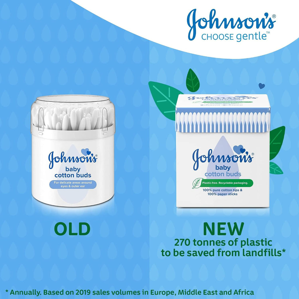 Johnson's Baby Cotton Buds (1 x Pack of 200) Soft & Gentle Ear Buds for Delicate Skin, Made of 100% Pure Cotton and Paper Sticks, Plastic-Free to Clean Around Eyes and Outer Areas
