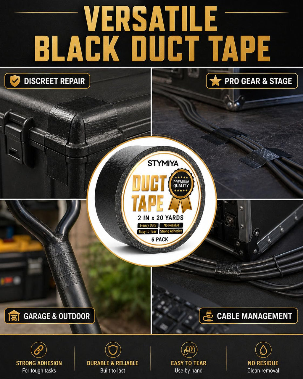Black Duct Tape Heavy Duty: 3 Rolls 2inch x 20yd Wide Waterproof Outdoor - Strong Adhesive Weather Tapes Repair Bulk - Ductape for Patterns Masking Packing Furniture Kids Craft (3, Matte Black)