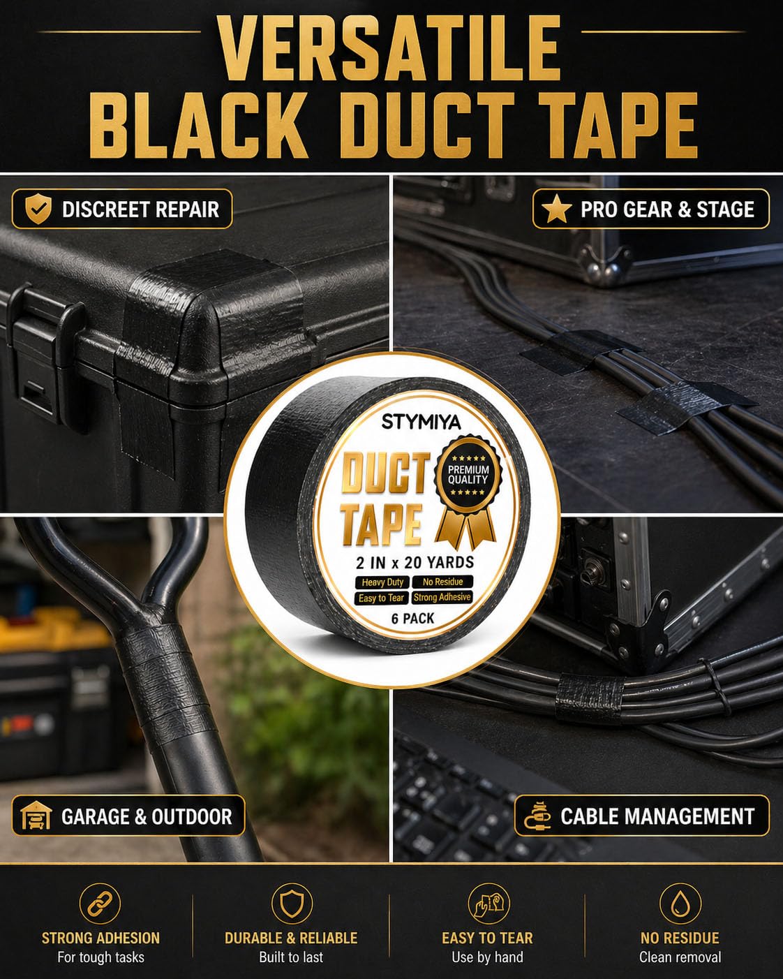 Black Duct Tape Heavy Duty: 3 Rolls 2inch x 20yd Wide Waterproof Outdoor - Strong Adhesive Weather Tapes Repair Bulk - Ductape for Patterns Masking Packing Furniture Kids Craft (3, Matte Black)
