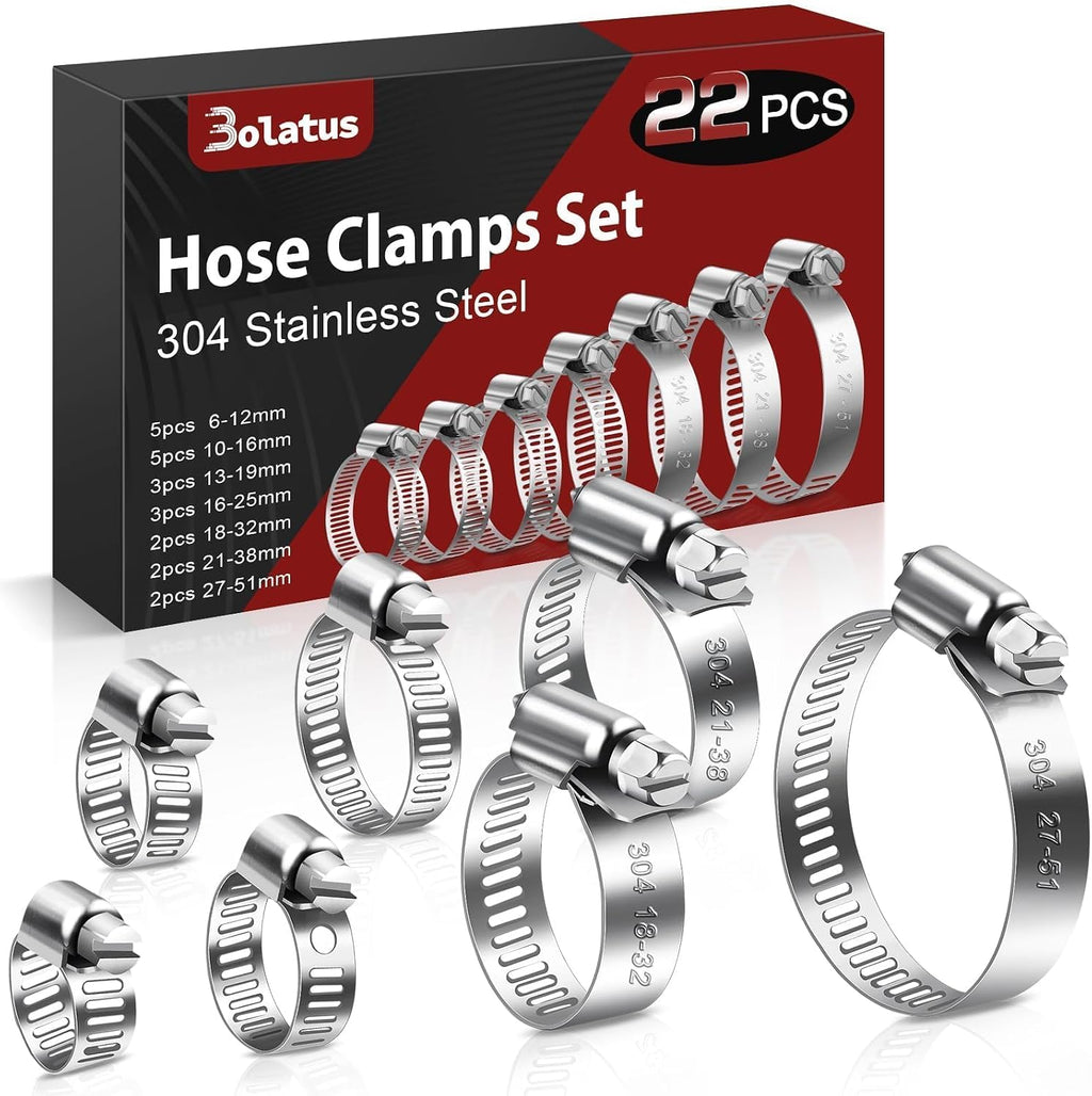 Bolatus Hose Clips 6-51 mm, 22 Pcs Hose Clamp Stainless Steel 304