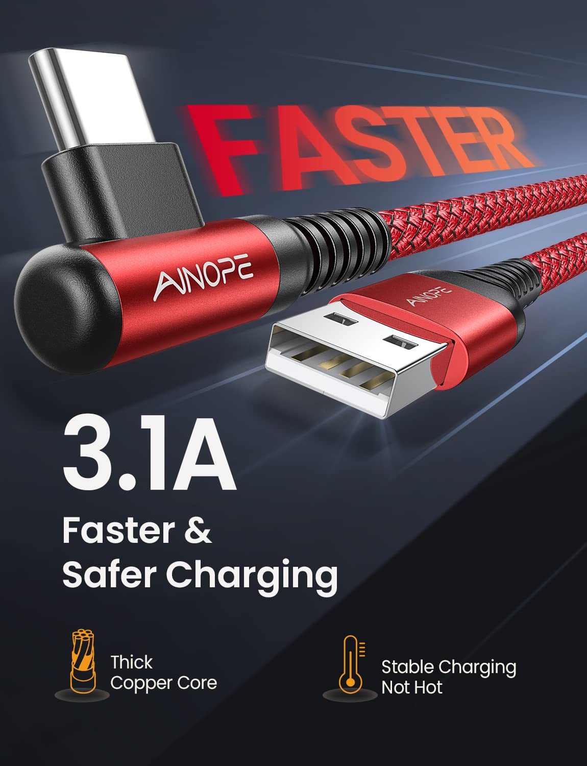 AINOPE 2-Pack 0.5ft USB C Cable, 3.1A Fast Charging, Right Angle, Durable Nylon Braided, Compatible with Galaxy S22 S21 Plus S20, Note 10 9 LG, Type C Charger