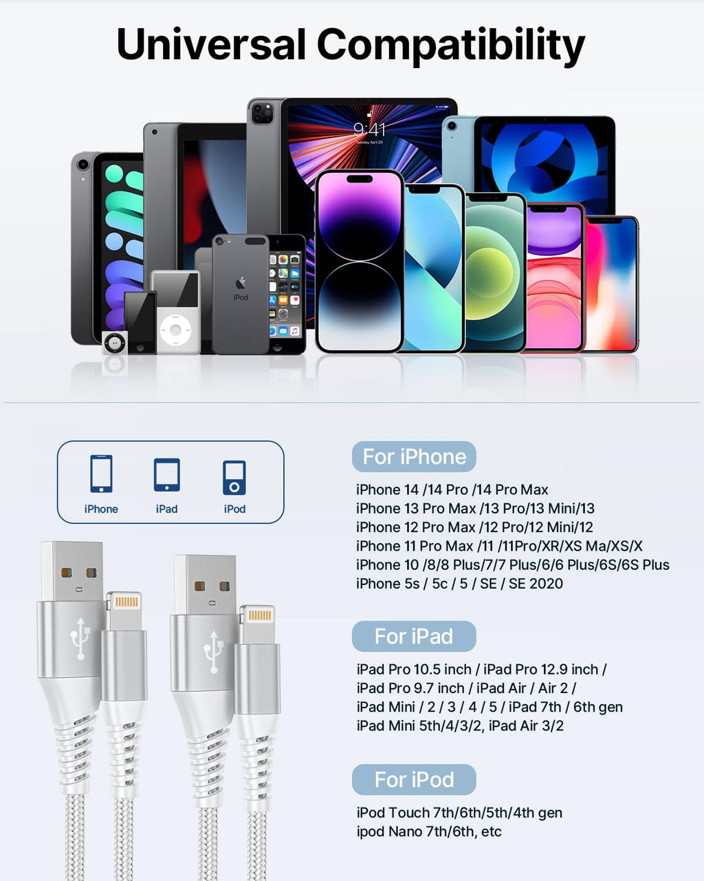 3Pack 2M iPhone Charger Cable, Long iPhone Charging Cable MFi Certified Lightning Cable Fast Charging Cord Braided i Phone Charger Lead USB Cord for Phone 14 13 12 11 Pro Max XS XR 8 7 6 SE, iPad