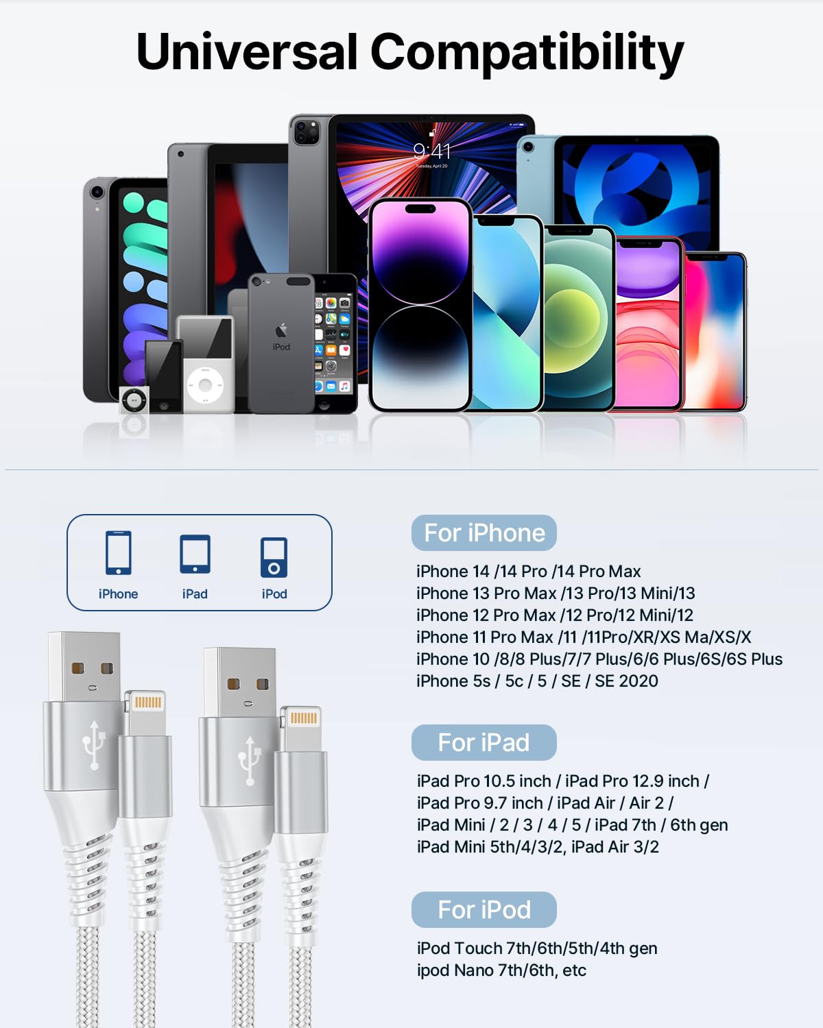 3Pack 2M iPhone Charger Cable, Long iPhone Charging Cable MFi Certified Lightning Cable Fast Charging Cord Braided i Phone Charger Lead USB Cord for Phone 14 13 12 11 Pro Max XS XR 8 7 6 SE, iPad