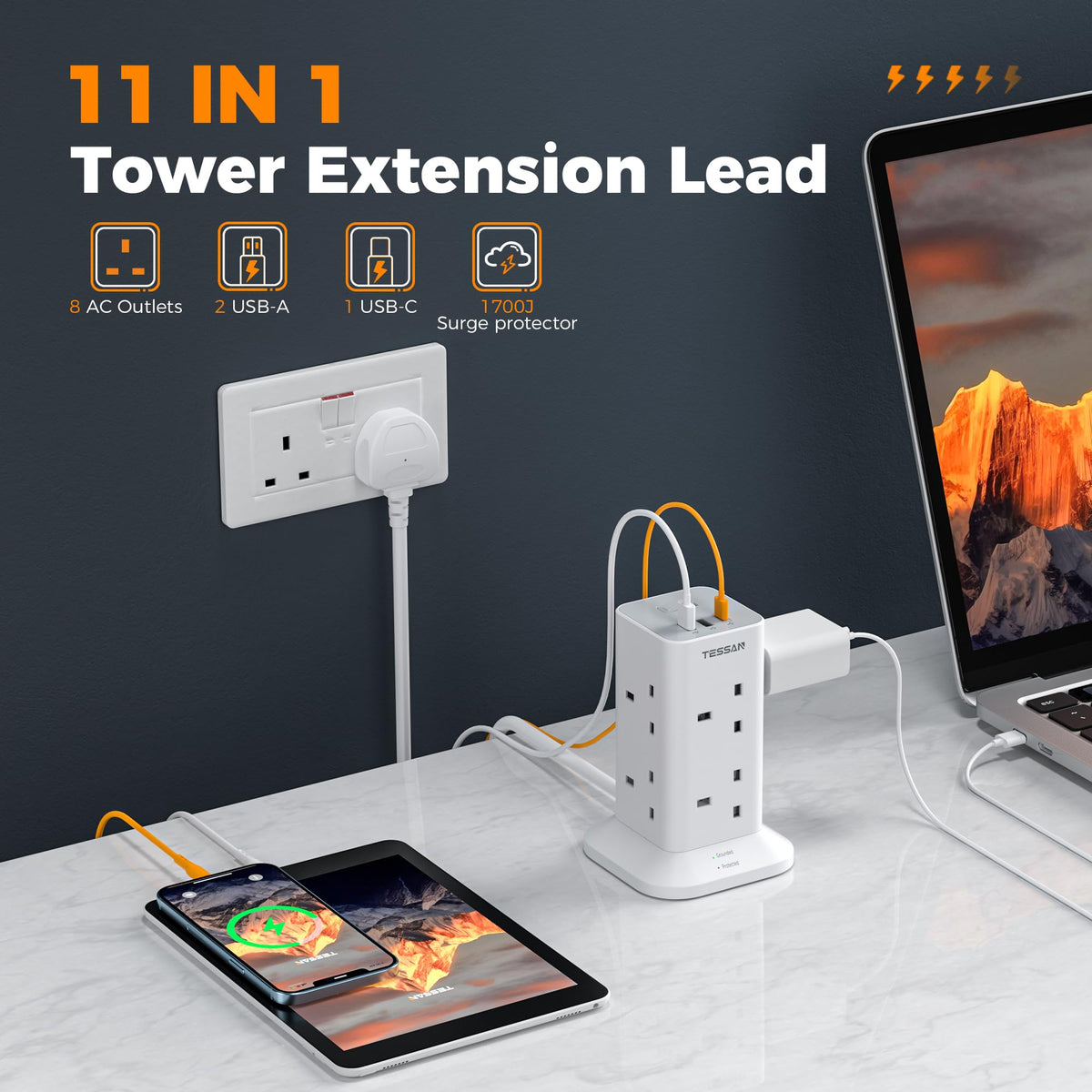 TESSAN Tower Extension Lead 5M with USB C Slots