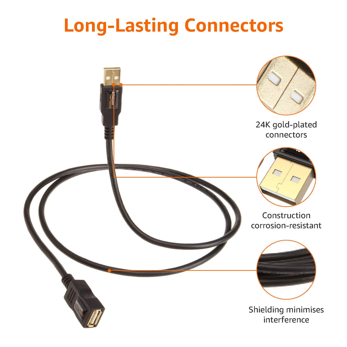 Amazon Basics USB Extension Cable 2.0 A-Male to A-Female, 1 m, Black