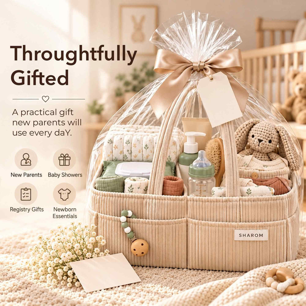 Essential Baby Caddy for Newborns. Spacious, Sturdy & Portable Diaper and Nappy Caddy for Newborn Essentials, Nursery Storage Basket & Organiser for Baby Shower Gifts & Registry Must-Haves Grey
