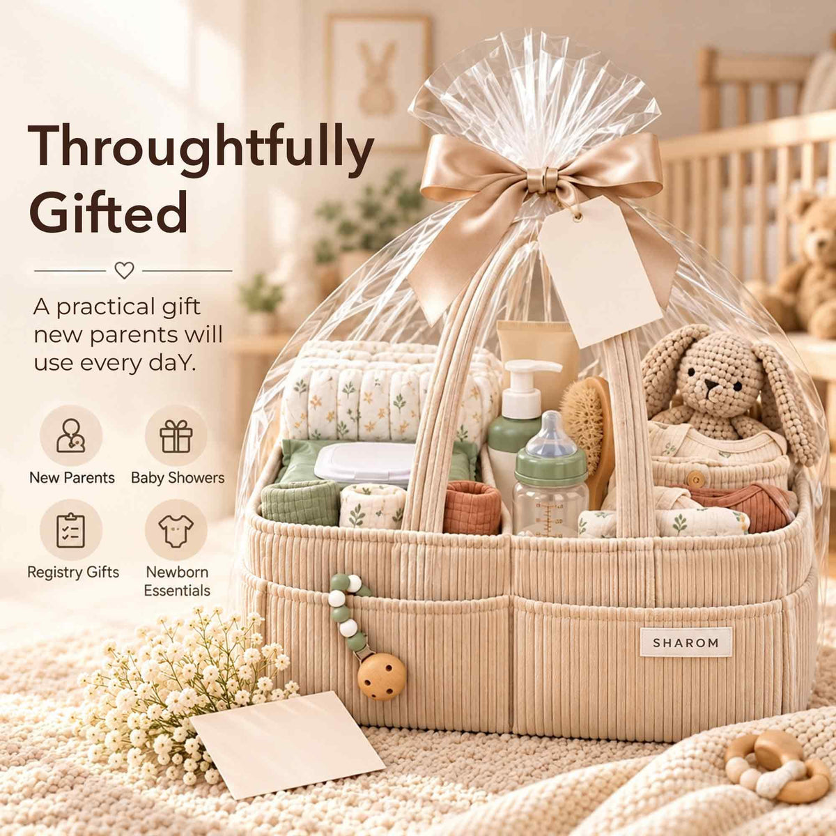 Essential Baby Caddy for Newborns. Spacious, Sturdy & Portable Diaper and Nappy Caddy for Newborn Essentials, Nursery Storage Basket & Organiser for Baby Shower Gifts & Registry Must-Haves Grey