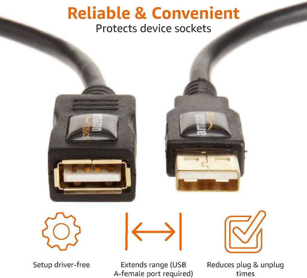 Amazon Basics USB Extension Cable 2.0 A-Male to A-Female, 1 m, Black