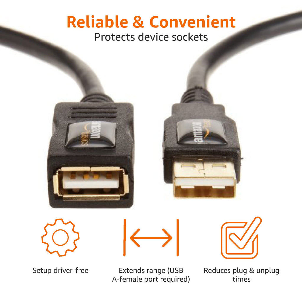 Amazon Basics USB Extension Cable 2.0 A-Male to A-Female, 1 m, Black