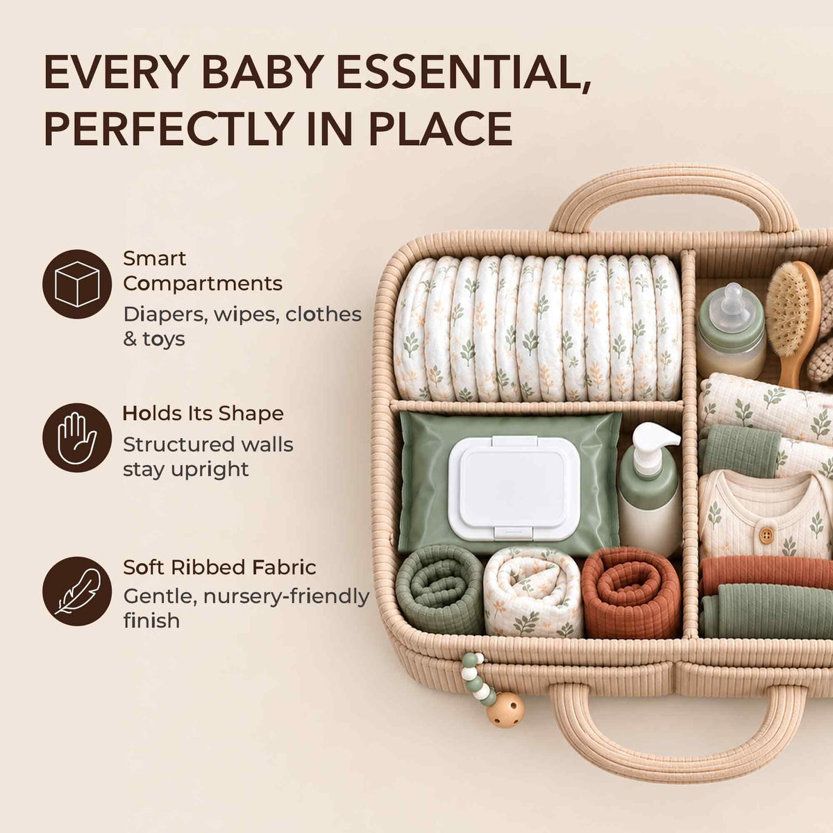 Essential Baby Caddy for Newborns. Spacious, Sturdy & Portable Diaper and Nappy Caddy for Newborn Essentials, Nursery Storage Basket & Organiser for Baby Shower Gifts & Registry Must-Haves Grey