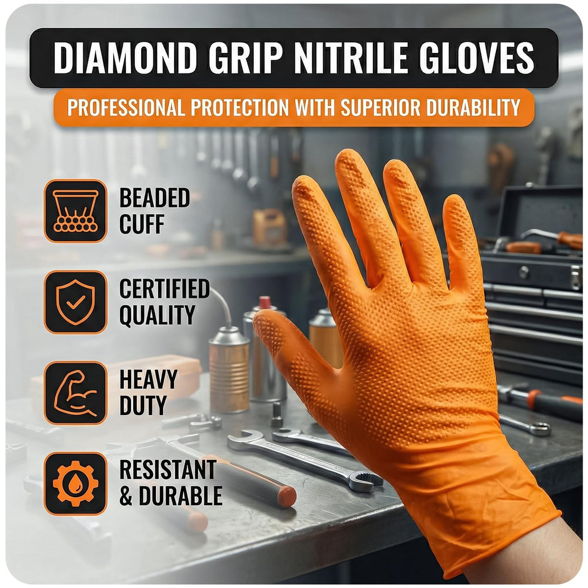 The Real Touch Nitrile Gloves, 50 Count, Heavy-Duty Disposable Mechanic Gloves, Diamond Textured, Latex & Powder-Free, Non-Slip, Extra Thick, Ideal for Automotive, Industrial Tasks (Black - 50, L)