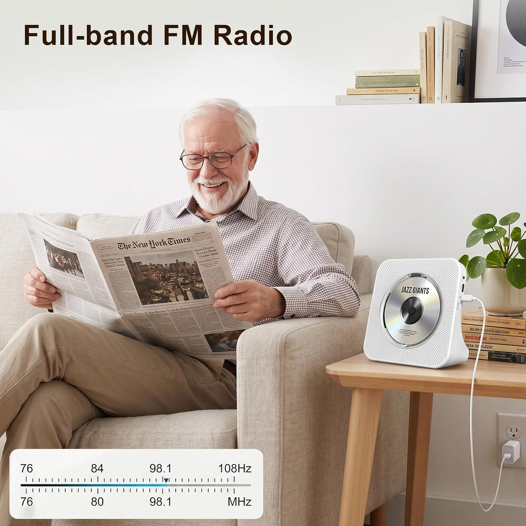 Portable CD Player with Bluetooth, Gueray Desktop CD Players for Home, Bulit-in Double HiFi Speakers, AUX&Headphone Jack, FM Radio Boombox with Remote Control, USB Port,LCD Display (White)