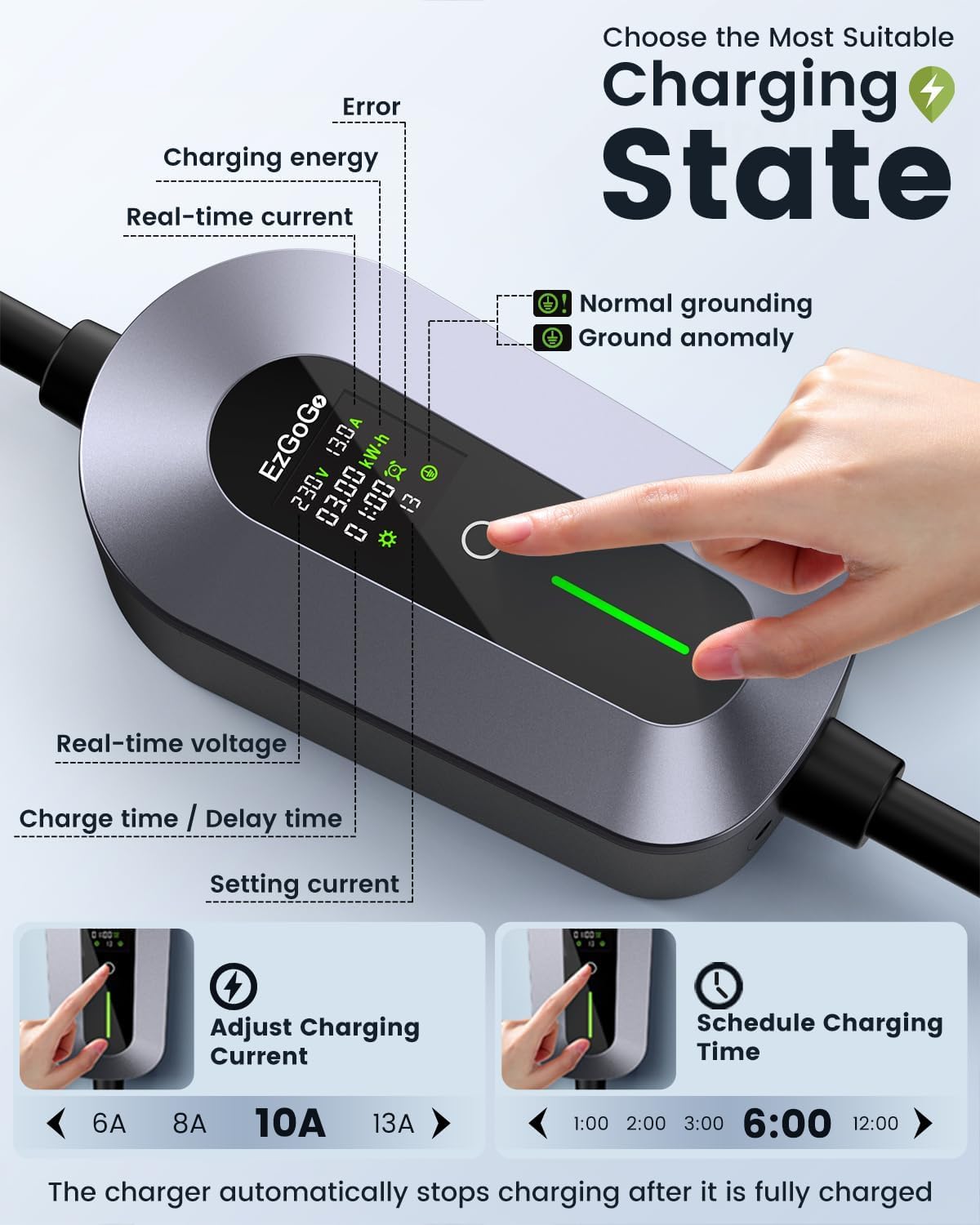 EzGoGo EV Charger 3 Pin Plug 32.81Ft/10M 3kW 6-13A Type 2 Charging Cable