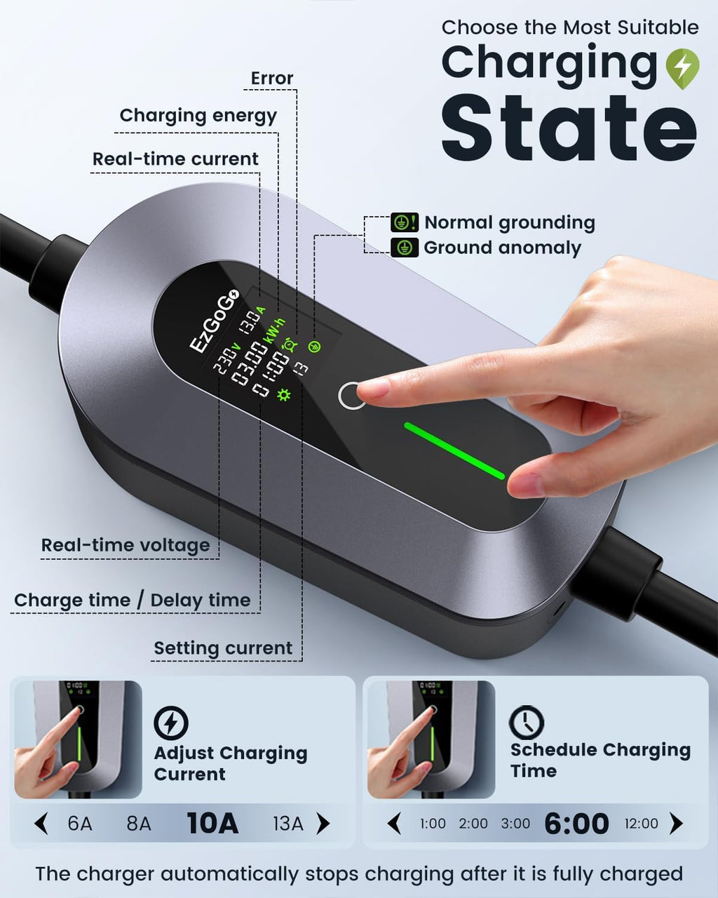 EzGoGo EV Charger 3 Pin Plug 32.81Ft/10M 3kW 6-13A Type 2 Charging Cable