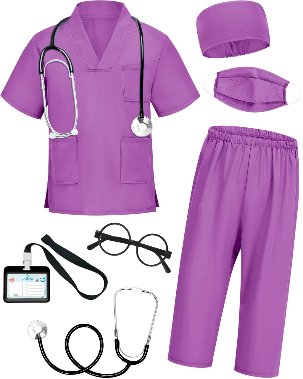ICECUTE Doctor Scrubs for Kids,7 Pcs Scrubs Costume with Accessories 3-11Y