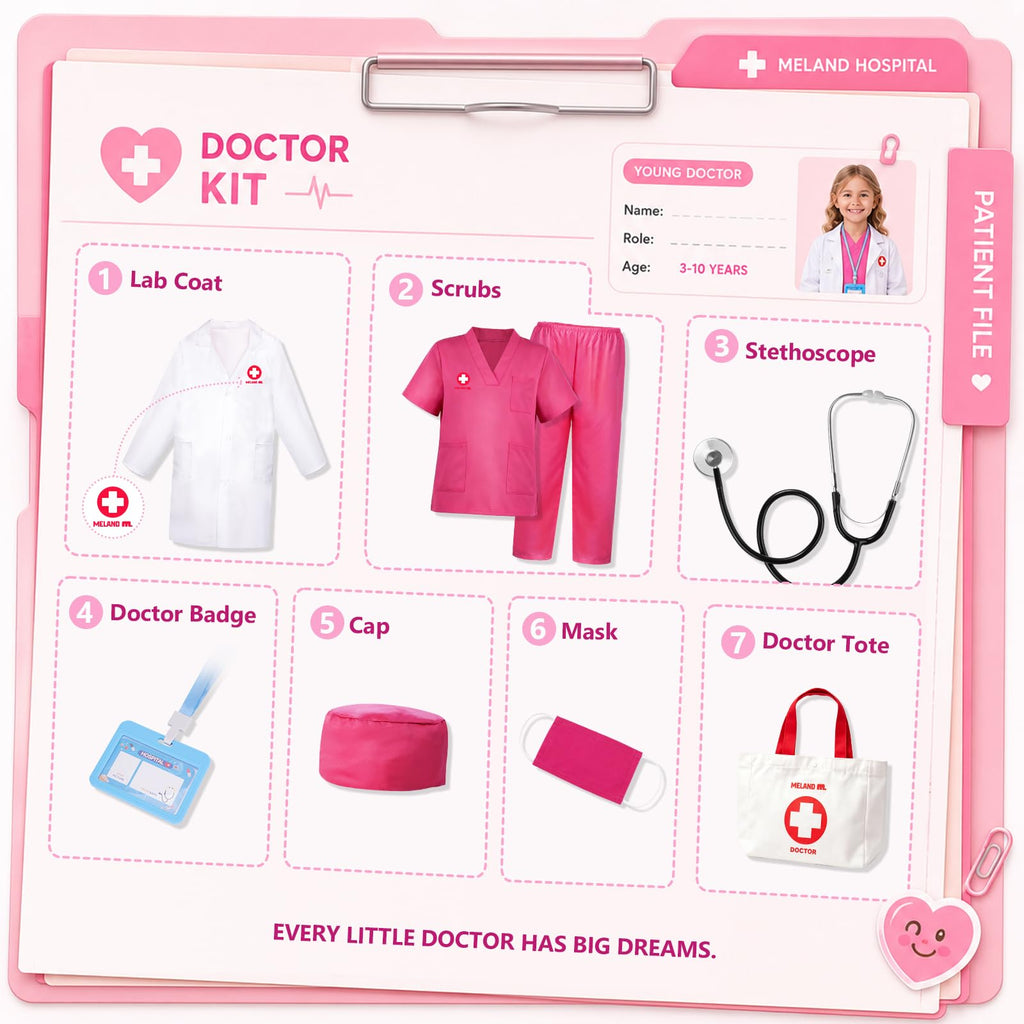 Meland Doctor Costume for Kids 3-10, Pretend Play Career Dress Up with Bag