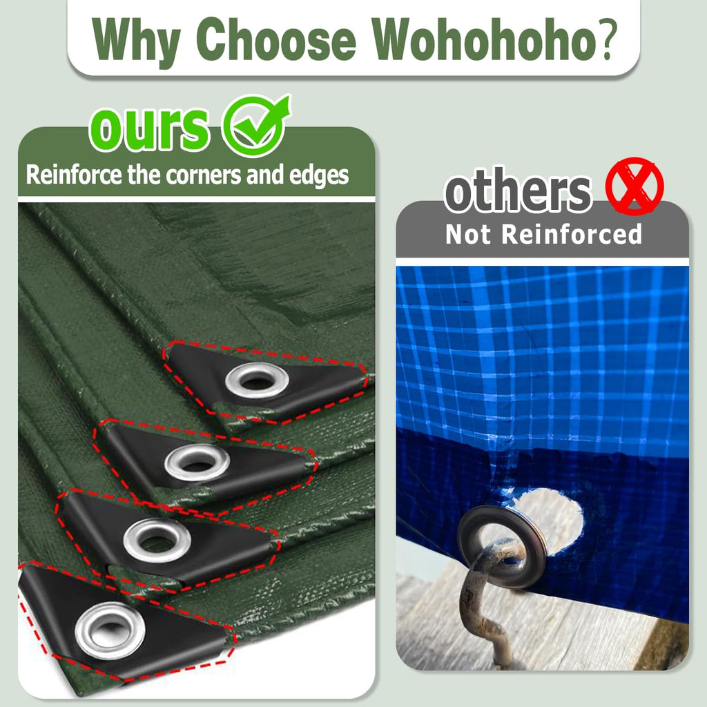 Wohohoho 120GSM Tarpaulin Waterproof Heavy Duty, 4m x 4m Large Green Rainproof Tarp UV/Tear Resistant PE Tarpaulin Sheet Tent with Reinforced Eyelets, Cover for Car, Pool, Caravan, Garden Furniture
