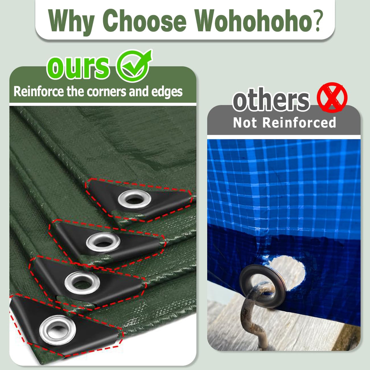Wohohoho 120GSM Tarpaulin Waterproof Heavy Duty, 4m x 4m Large Green Rainproof Tarp UV/Tear Resistant PE Tarpaulin Sheet Tent with Reinforced Eyelets, Cover for Car, Pool, Caravan, Garden Furniture
