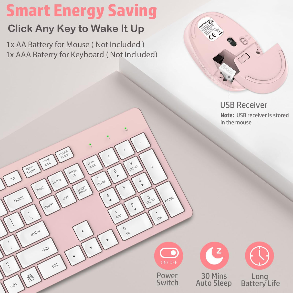 LeadsaiL Wireless Keyboard and Mouse Set, 2.4GHz USB Computer Keyboards and Mouse Combo, Ergonomic Design with 12 Multimedia Shortcuts for HP/Lenovo Laptop and Mac-Pink