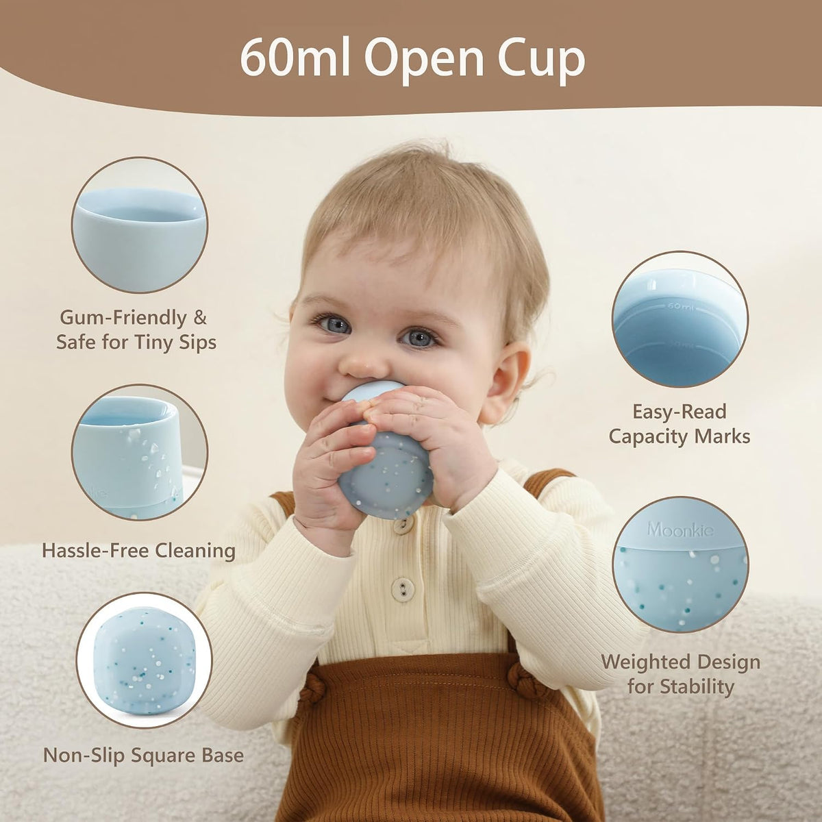 Moonkie Baby Cup | Silicone Open Cup Baby from 6 Months | Weighted Base (Anti-Tip) | BPA Free | Capacity Markings | 60ml (Mint)