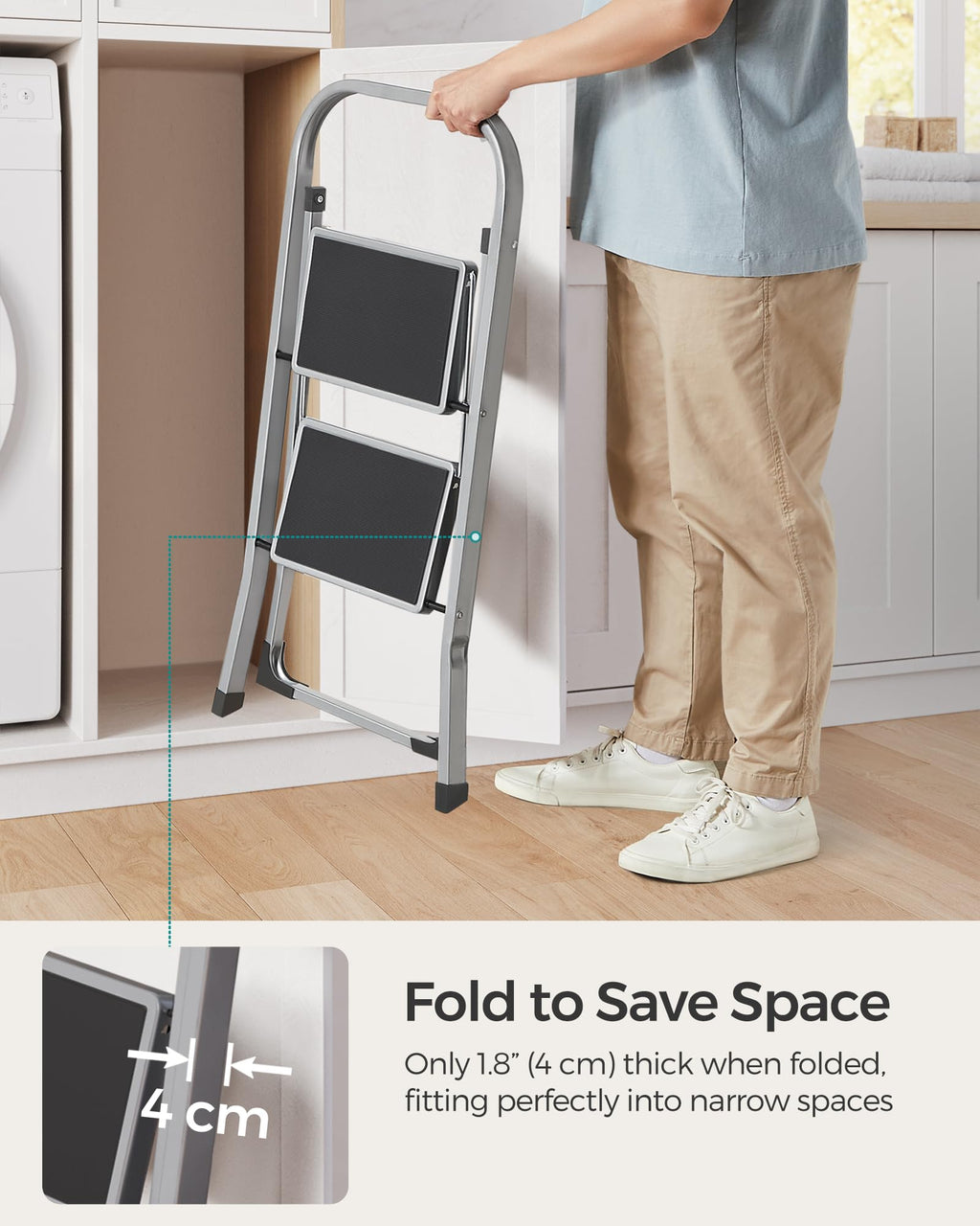 SONGMICS 3-Step Ladder, Folding Step Ladder, Safety, Holds up to 150KG