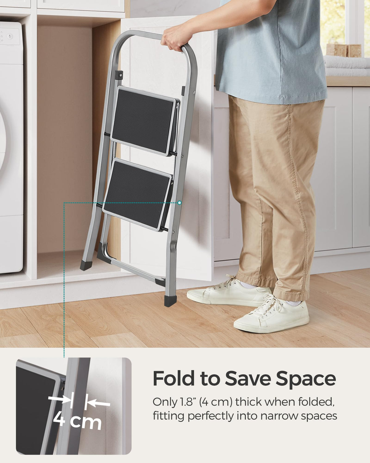 SONGMICS 3-Step Ladder, Folding Step Ladder, Safety, Holds up to 150KG