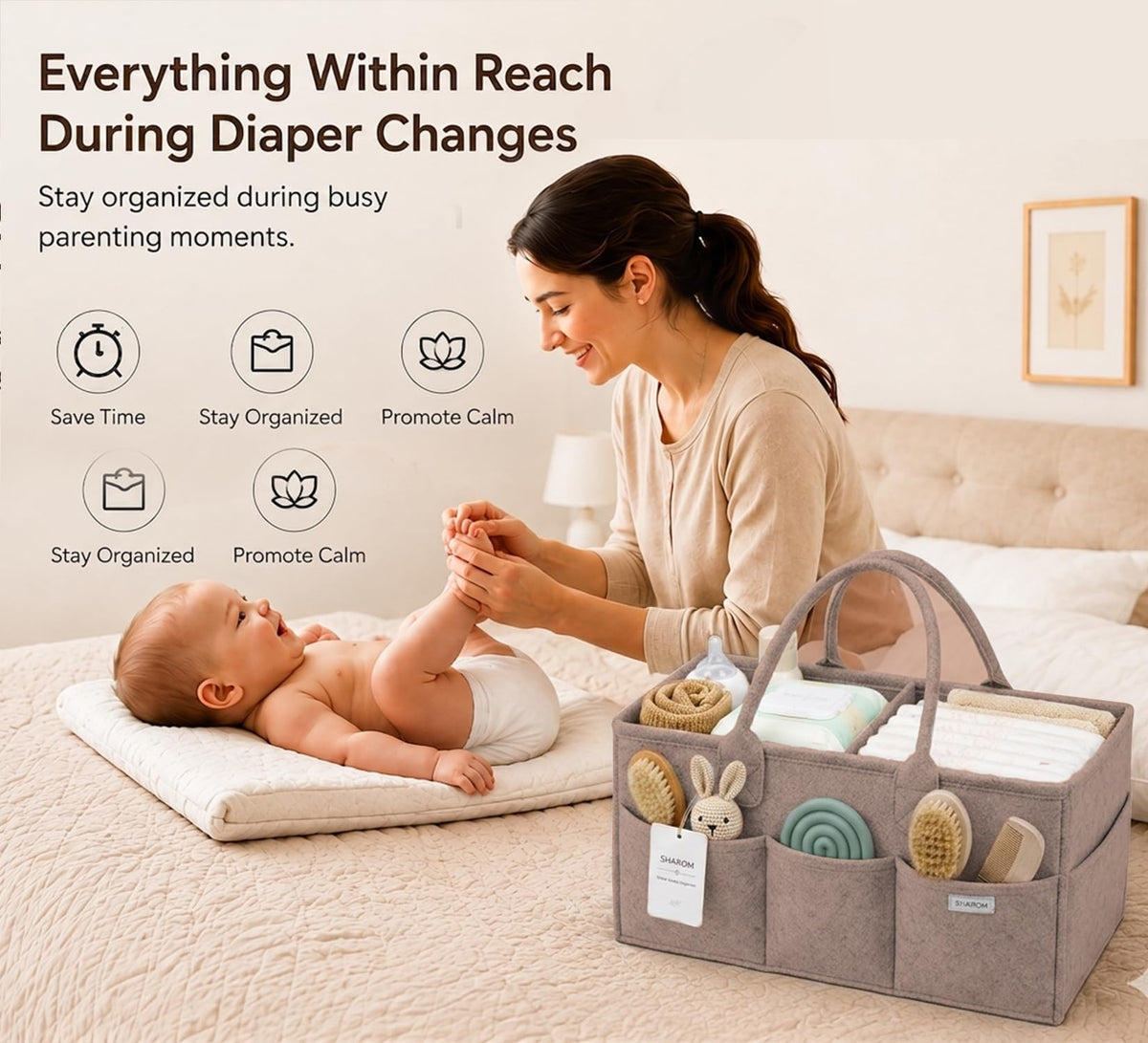 Essential Baby Caddy for Newborns. Spacious, Sturdy & Portable Diaper and Nappy Caddy for Newborn Essentials, Nursery Storage Basket & Organiser for Baby Shower Gifts & Registry Must-Haves Grey