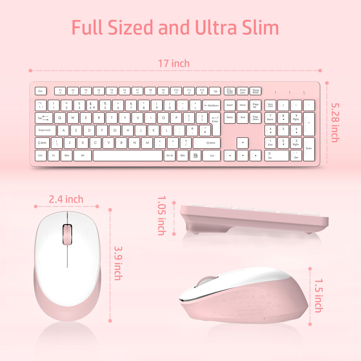 LeadsaiL Wireless Keyboard and Mouse Set, 2.4GHz USB Computer Keyboards and Mouse Combo, Ergonomic Design with 12 Multimedia Shortcuts for HP/Lenovo Laptop and Mac-Pink